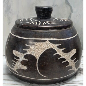 Soapstone Aztec-Themed Carved Black & Beige 3" Tall Bowl/Trinket Dish w/Lid